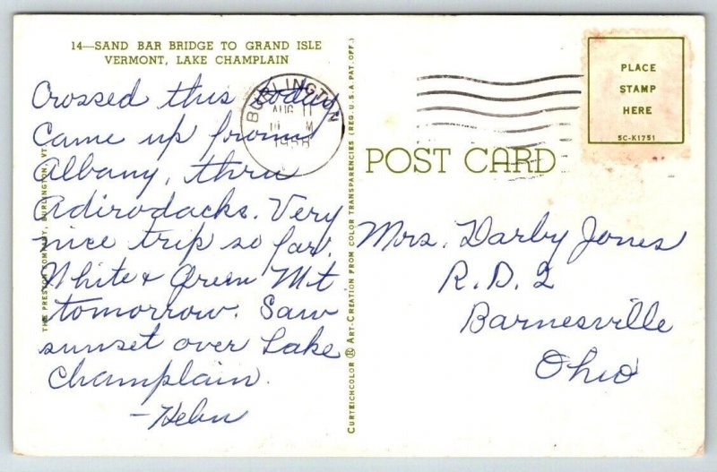 Vintage Vermont Postcard -  Sand Bar Bridge  Lake Champlain