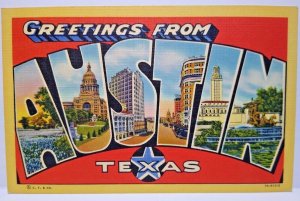 Greetings From Austin Texas Big Large Letter Linen Postcard Curt Teich Unused