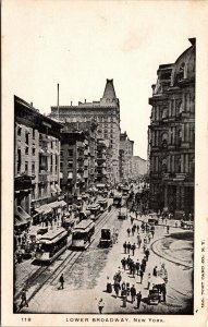 Vtg 1900s Lower Broadway Street Scene Trolleys Horse New York CIty NY Postcard