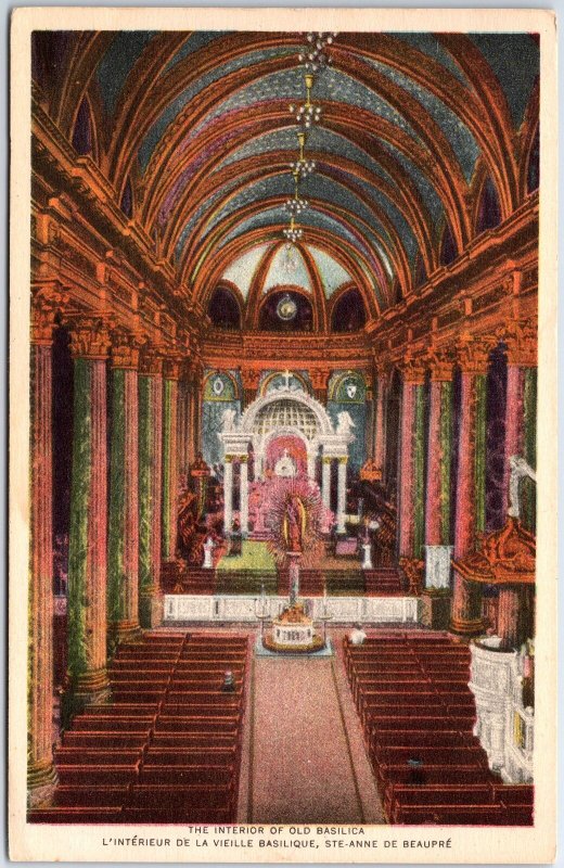 VINTAGE POSTCARD INTERIOR OF THE OLD BASILICA AT ST. ANNE DE BEAUPRE MONTREAL