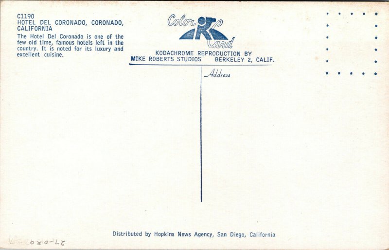 Vtg 1940s Hotel Del Coronado Old Car Coronado California CA Unused Postcard