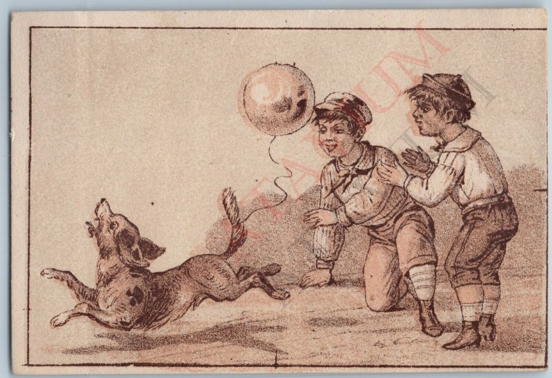 c1880s Boys Tease Dog Puppy Balloon Tail Lith Art Trade Card Newsboy Knicker C51