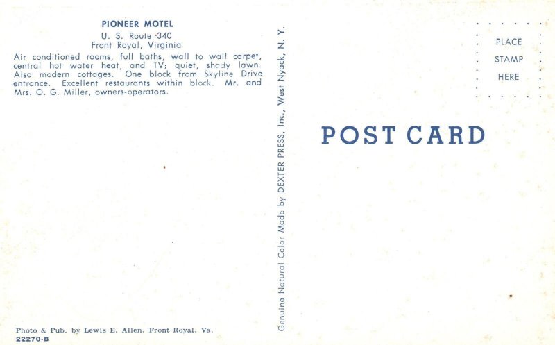 Vintage Postcard Pioneer Motel Rooms Bath Restaurant Front Royal Virginia Lewis