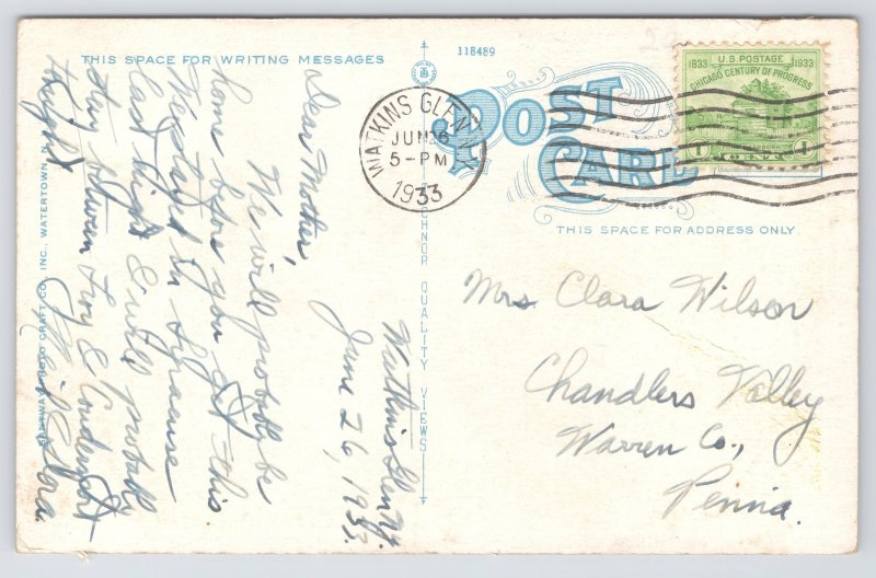 State View~Watkins Glen NY~Birdseye View Of Watkins & Seneca Lake~1933 Postcard