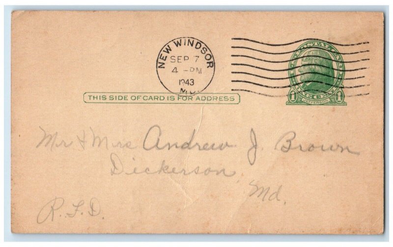 1943 Letter to Auntie and Uncle Sold Place Dickerson Maryland MD Postal Card