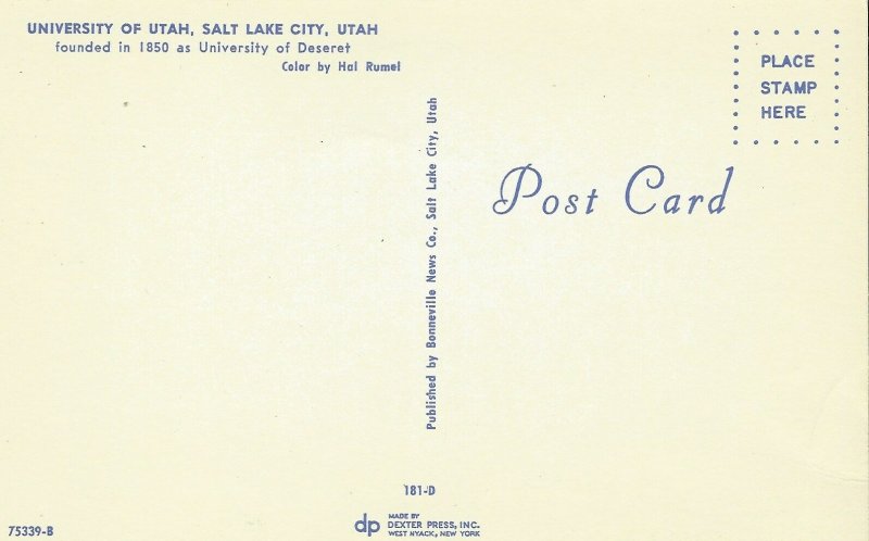 POSTCARD AERIAL VIEW UNIVERSITY OF UTAH SALT LAKE CITY UTAH