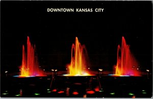 Barney Allis Plaza Fountains at Night Kansas City MO Vintage Postcard C75
