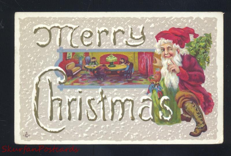 MERRY CHRISTMAS SANTA CLAUS ELF ANTIQUE VINTAGE POSTCARD 