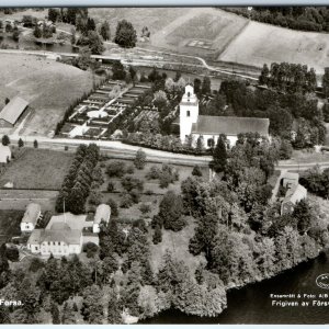 c1950s Farsa, Sweden RPPC Aerial View Church Rural Village Landscape River A337