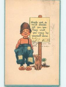 Pre-Linen comic FAITHFUL DOG SITTING BESIDE BOY WITH PATCHED PANTS HL2800