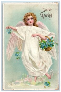 1911 Easter Greetings Floating Angel Pansies Flowers In Basket Antique Postcard