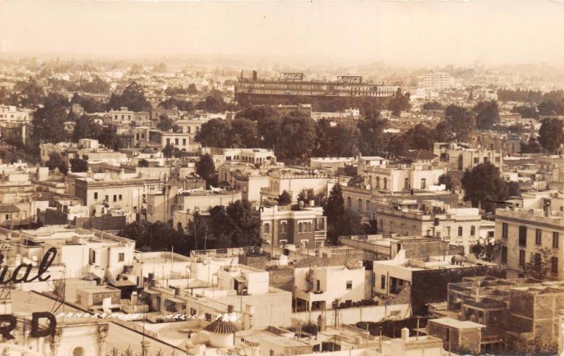 MEXICO PANORAMICA~STADIUM~COCA COLA SIGNS~REAL PHOTO POSTCARD 1940s