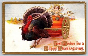 Thanksgiving~Harnessed Turkey Pulls Cherub Pumpkin Cart~c1910 Vintage Postcard