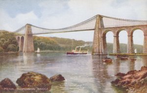 Wales Postcard - Steamer Passing Menai Suspension Bridge - Art Colour RS22994