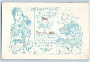 Nielsville Minnesota MN Postcard Christmas & New Years Greetings Dutch Kids 1910