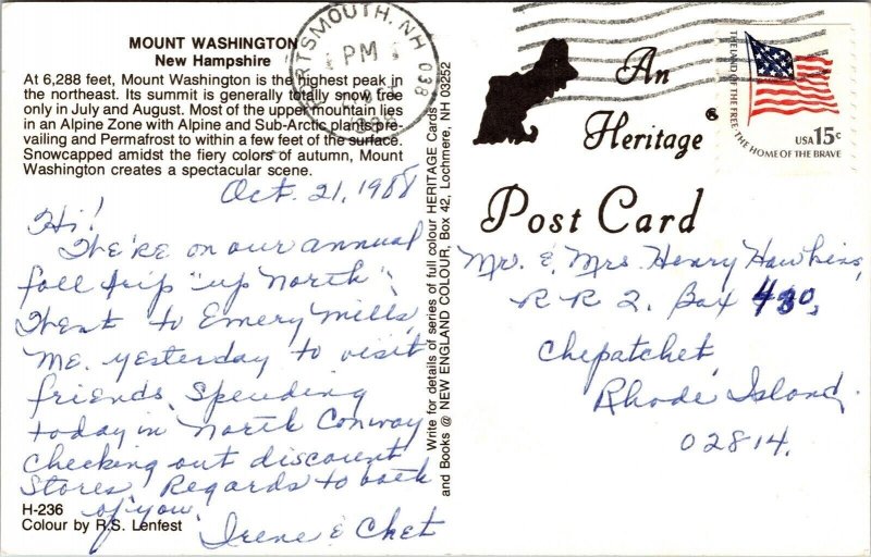 Mount Washington Dual View New Hampshire Postcard PM Portsmouth NH Cancel WOB 