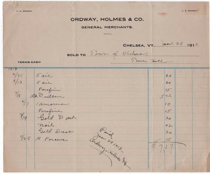 1912 Billhead, ORDWAY, HOLMES & CO,, General Merchants, Chelsea, Vermont