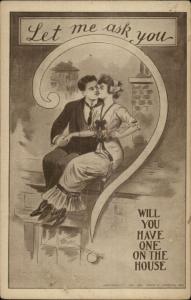 Romance - Ppretty Woman - Couple in Giant Question Mark c1910 Postcard