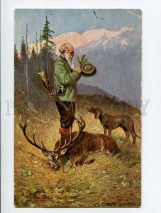 285378 HUNT Hunter POINTER Deer by Graf MULLER Mueller Vintage postcard