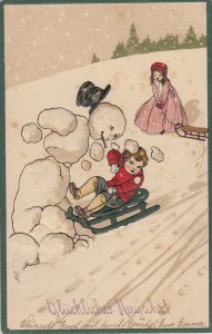 New Year 1912 humanized snowman fantasy embossed greetings postcard Germany