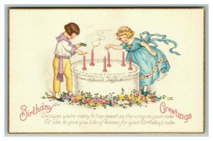 Vintage 1910's Birthday Postcard Cute Children Giant Cake Flowered Bed NICE