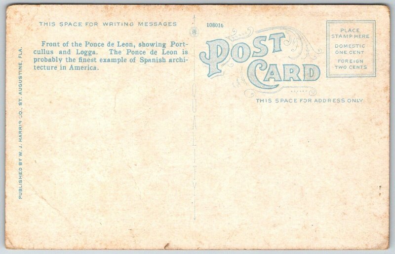 St. Augustine Florida 1920s Postcard Main Entrance To Ponce De Leon Hotel