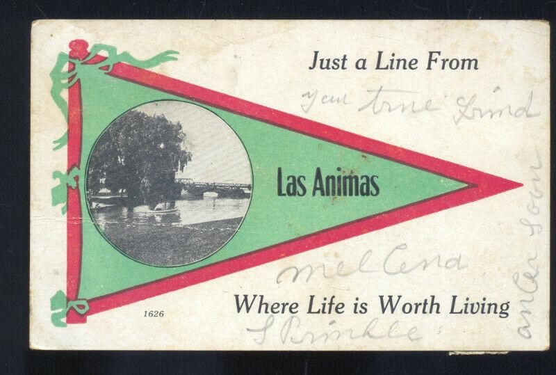 LAS ANIMAS COLORADO GREEN RED PENNANT VINTAGE POSTCARD BLUE LICK MISSOURI