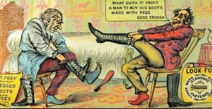 Comical Peg vs Screw Fasten J.T. Tuttle Standard Screw Shoes Trade Card *F 