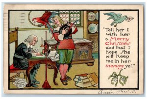 1912 Merry Christmas Working Man Parrot Mistletoe Jersey City NJ Posted Postcard