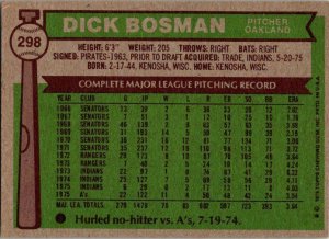 1976 Topps Baseball Card Dick Bosman Oakland Athletics sk13382