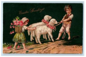 1933 Easter Greetings Girl Boy Pulling Lamb Basket Of Flowers Embossed Postcard