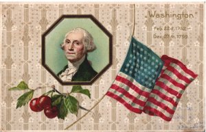 VINTAGE POSTCARD GEORGE WASHINTON WITH FLAG MAILED BROOKLYN 1909 FLAG CANCEL