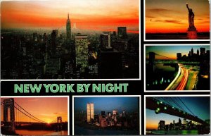 New York Night View Multiview Manhattan E River Dr Brooklyn Bridge Postcard VTG 