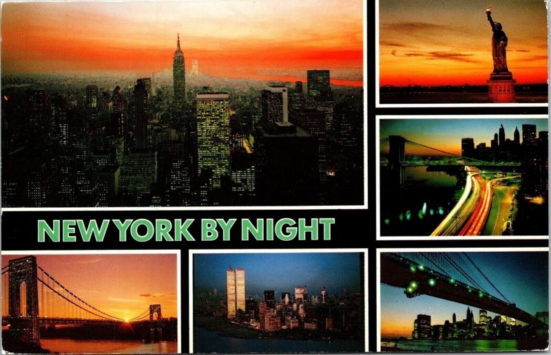 New York Night View Multiview Manhattan E River Dr Brooklyn Bridge Postcard VTG 