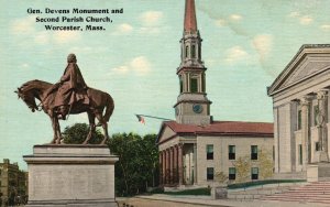 Vintage Postcard Gen. Devens Monument & Second Parish Church Worcester Mass.