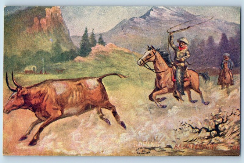 R A Davenport Signed Artist Postcard Horse Cowboy Roping c1910's Antique