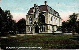 Brunswick Me. Memorial Hall Bowdoin College Vintage Postcard WOB Note 1c Stamp  