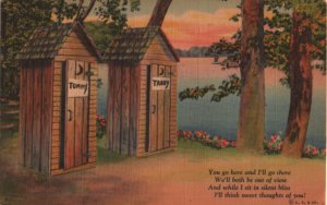 outhouse romance postcard: You Go Here and I'll Go There