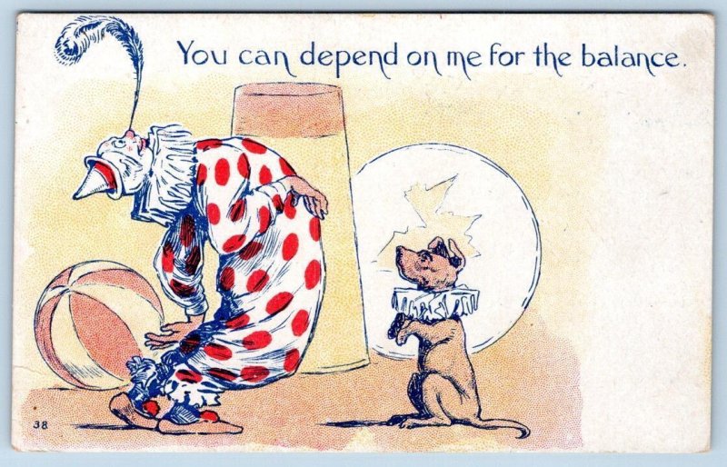 1910's CLOWN DOG YOU CAN DEPEND ON ME FOR THE BALANCE WRITE AWAY POSTCARD