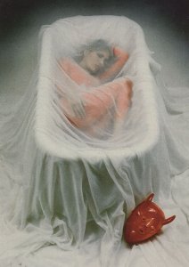 Sexy Red Woman in Vampire Coffin With Satan Devil Mask Postcard