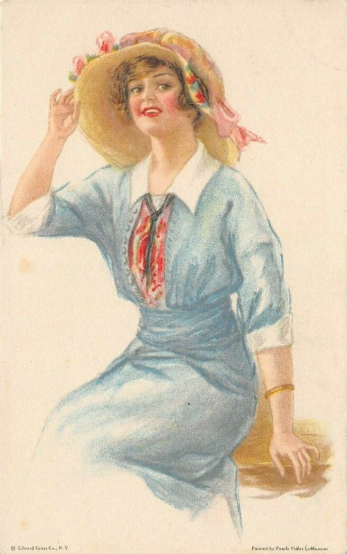 LP80 Artist Signed Fidler Postcard Pretty Woman American Girl No.76 Blue Dress