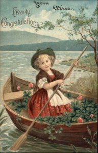 Congratulations Pretty Little Girl in Rowboat Rowing c1910 Vintage Postcard