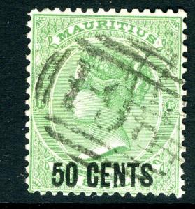 SEYCHELLES/MAURITUS-1878 50c on 1/- Green fine used in Seychelles Sg Z44