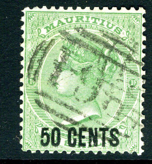 SEYCHELLES/MAURITUS-1878 50c on 1/- Green fine used in Seychelles Sg Z44