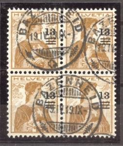 1915 Overprint, 13 C. on 12 C. used block of 4, superb, Zumstein # 133