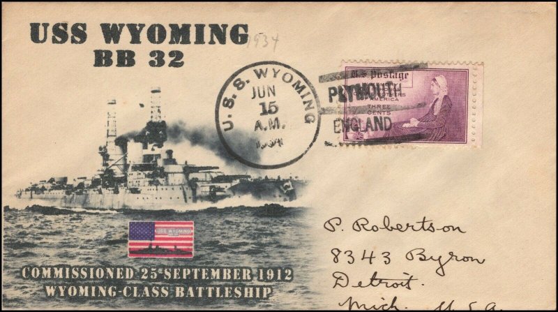 N-090, 1934, USS Wyoming, BB-32, Hand-stamped, Add-on Cachet, Wyoming Class Batt