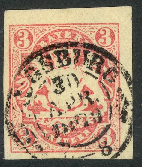 GERMAN STATES / BAVARIA 1867-68 3kr Rose Sc 16 VFU