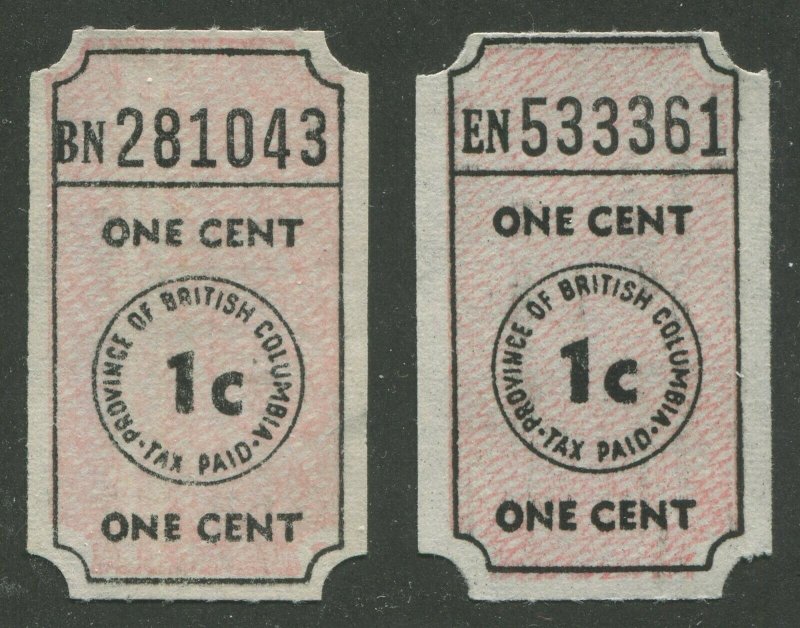 CANADA REVENUE BRITISH COLUMBIA 1¢ SOCIAL SECURITY AND MUNICIPAL AID TAX TICKETS