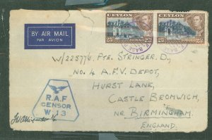 Ceylon 284 Pair on ratty cover front, R.A.F. censor