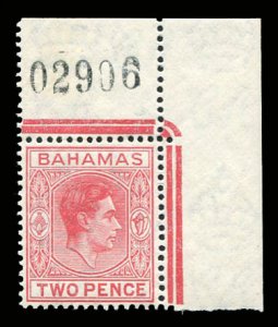Bahamas #101 (SG 150) Cat£8.50, 1938-46 1p carmine, corner margin plate numb...